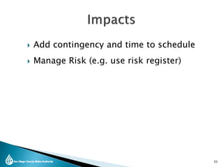  Add contingency and time to schedule
 Manage Risk (e.g. use risk register)
35
 