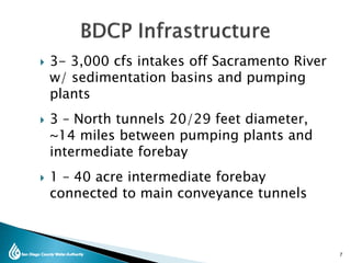  3- 3,000 cfs intakes off Sacramento River
w/ sedimentation basins and pumping
plants
 3 – North tunnels 20/29 feet diameter,
~14 miles between pumping plants and
intermediate forebay
 1 – 40 acre intermediate forebay
connected to main conveyance tunnels
7
 