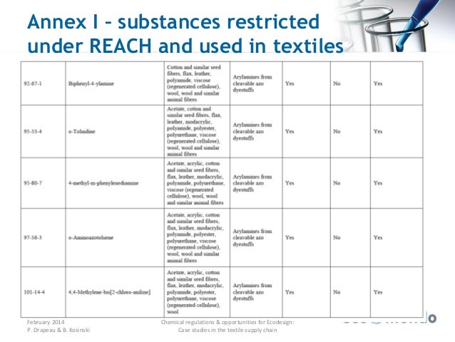 Navigation menu 52 rows · Substances restricted under REACH The table below is the Annex XVII to REACH and includes all the restrictions adopted in the framework of REACH and the previous legislation, Directive 76//EEC. Each entry shows a substance or a group of substances or a substance in a mixture, and the consequent restriction conditions.