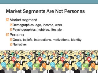 Market Segments Are Not Personas
Market segment
Demographics: age, income, work
Psychographics: hobbies, lifestyle

Persona
Goals, beliefs, interactions, motivations, identity
Narrative

 