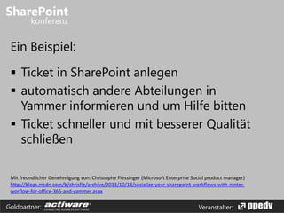 Veranstalter:Goldpartner:
Ein Beispiel:
 Ticket in SharePoint anlegen
 automatisch andere Abteilungen in
Yammer informieren und um Hilfe bitten
 Ticket schneller und mit besserer Qualität
schließen
Mit freundlicher Genehmigung von: Christophe Fiessinger (Microsoft Enterprise Social product manager)
http://blogs.msdn.com/b/chrisfie/archive/2013/10/18/socialize-your-sharepoint-workflows-with-nintex-
worflow-for-office-365-and-yammer.aspx
 