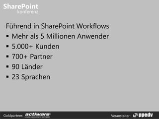 Veranstalter:Goldpartner:
Führend in SharePoint Workflows
 Mehr als 5 Millionen Anwender
 5.000+ Kunden
 700+ Partner
 90 Länder
 23 Sprachen
 