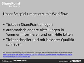 Veranstalter:Goldpartner:
Unser Beispiel umgesetzt mit Workflow:
 Ticket in SharePoint anlegen
 automatisch andere Abteilungen in
Yammer informieren und um Hilfe bitten
 Ticket schneller und mit besserer Qualität
schließen
Mit freundlicher Genehmigung von: Christophe Fiessinger (Microsoft Enterprise Social product manager)
http://blogs.msdn.com/b/chrisfie/archive/2013/10/18/socialize-your-sharepoint-workflows-with-nintex-
worflow-for-office-365-and-yammer.aspx
 