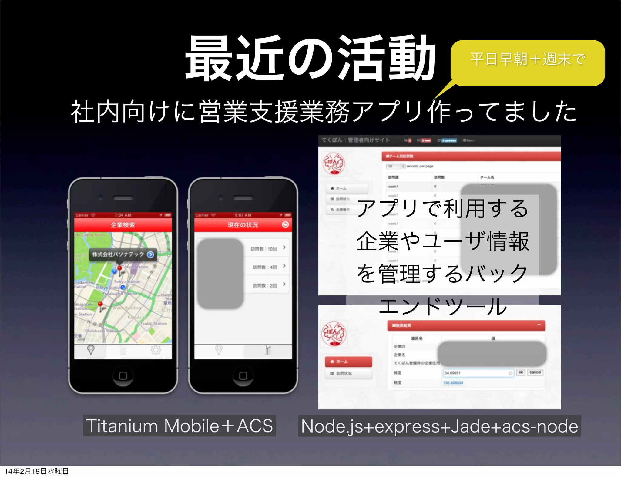最近の活動

平日早朝＋週末で

社内向けに営業支援業務アプリ作ってました

アプリで利用する
企業やユーザ情報
を管理するバック
エンドツール

Titanium Mobile＋ACS
14年2月19日水曜日

Node.js+express+Jade+acs-node

 