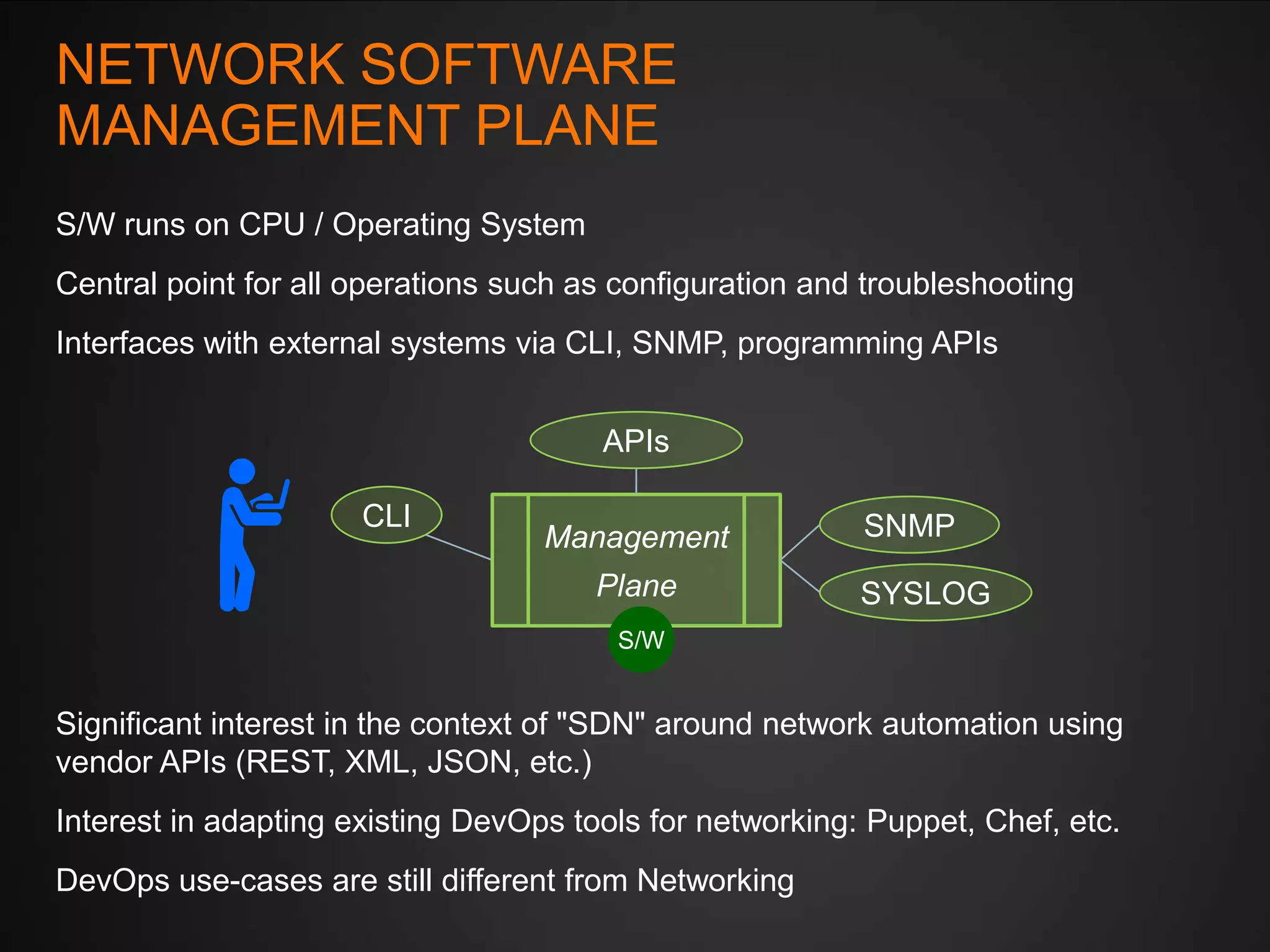 NETWORK SOFTWARE
MANAGEMENT PLANE
S/W runs on CPU / Operating System
Central point for all operations such as configuration and troubleshooting
Interfaces with external systems via CLI, SNMP, programming APIs
APIs
CLI

Management
Plane

SNMP
SYSLOG

S/W

Significant interest in the context of "SDN" around network automation using
vendor APIs (REST, XML, JSON, etc.)
Interest in adapting existing DevOps tools for networking: Puppet, Chef, etc.

DevOps use-cases are still different from Networking

 