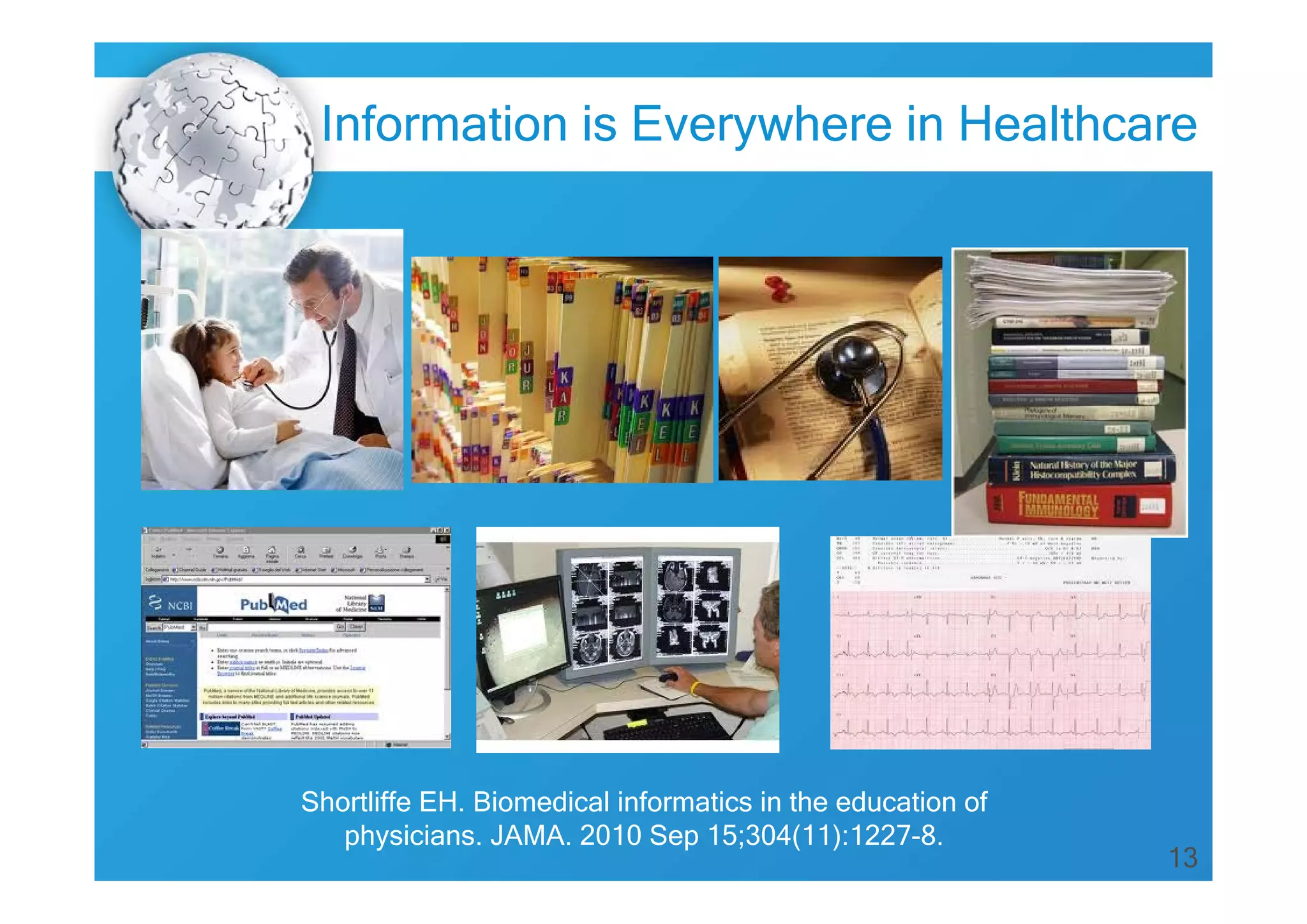 13
Information is Everywhere in Healthcare
Shortliffe EH. Biomedical informatics in the education of
physicians. JAMA. 2010 Sep 15;304(11):1227-8.
 