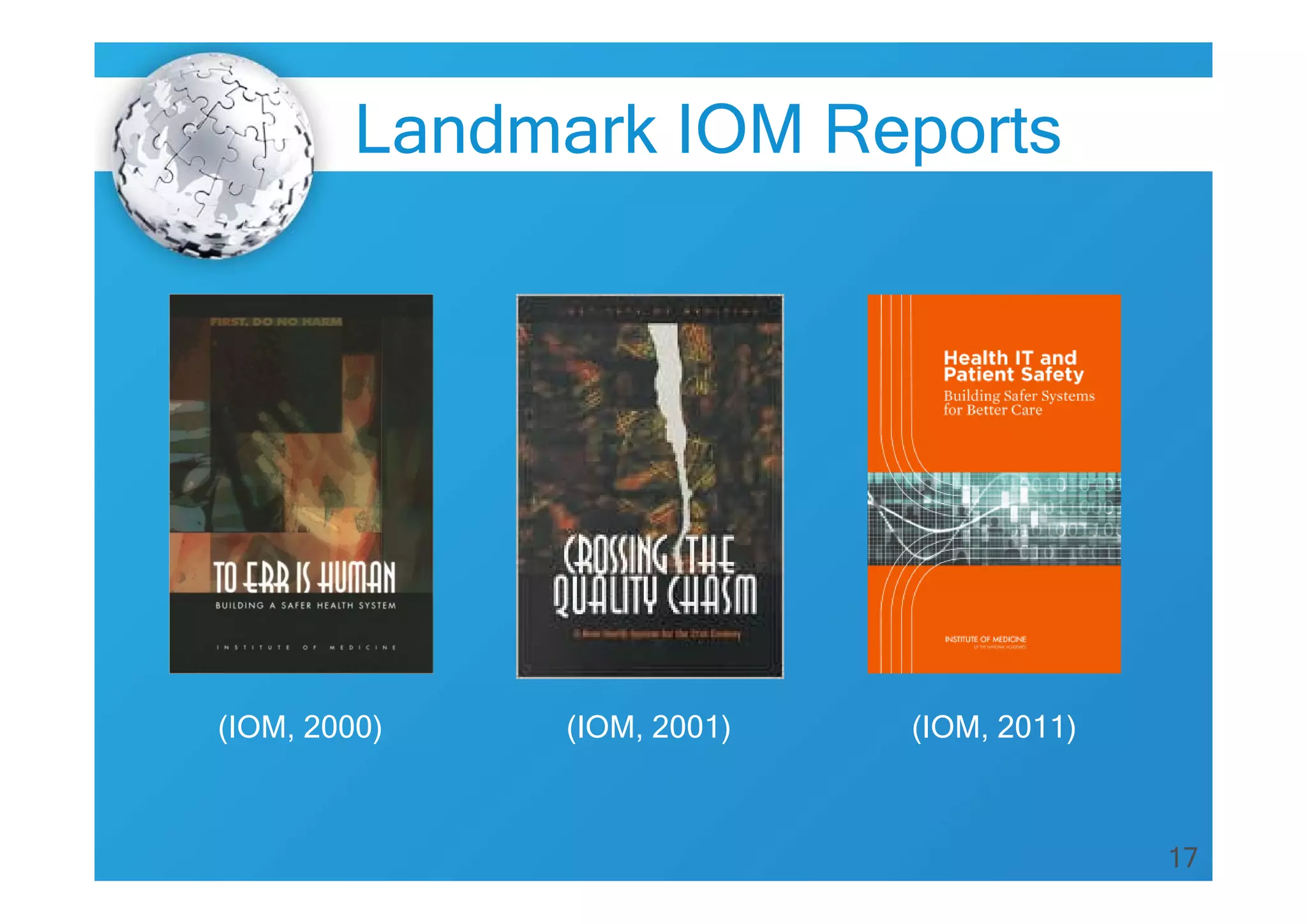 17
(IOM, 2001)(IOM, 2000) (IOM, 2011)
Landmark IOM Reports
 