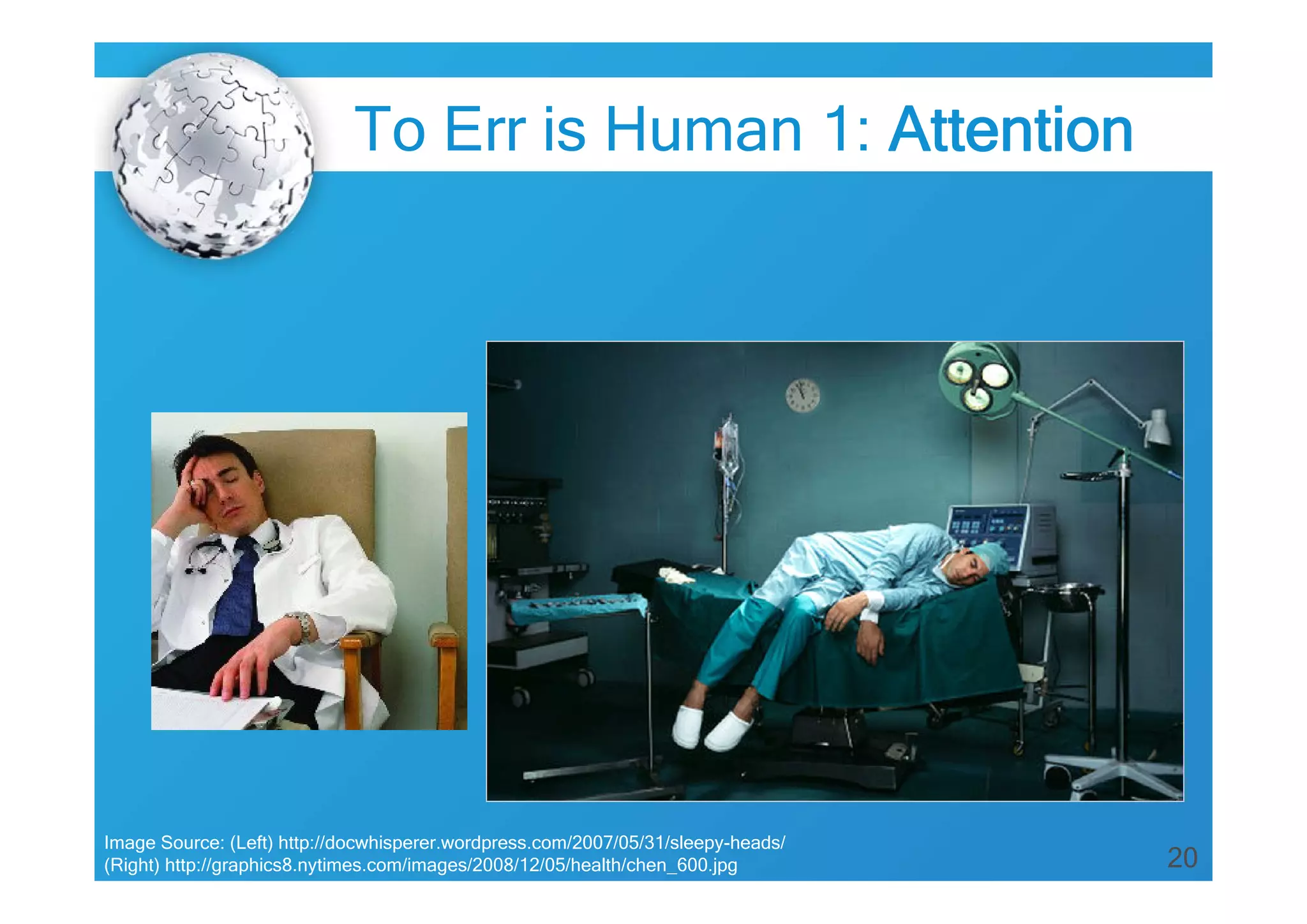 20
Image Source: (Left) http://docwhisperer.wordpress.com/2007/05/31/sleepy-heads/
(Right) http://graphics8.nytimes.com/images/2008/12/05/health/chen_600.jpg
To Err is Human 1: Attention
 