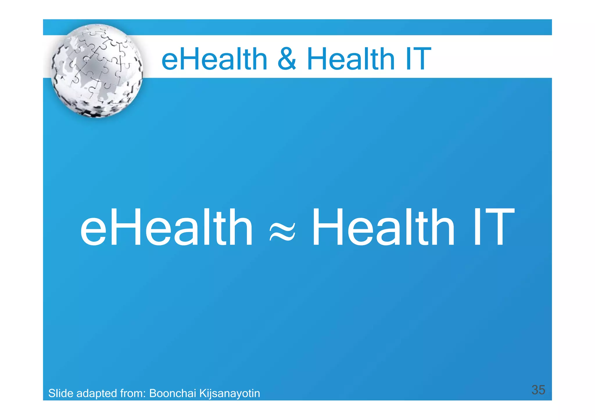 35
eHealth  Health IT
Slide adapted from: Boonchai Kijsanayotin
eHealth & Health IT
 