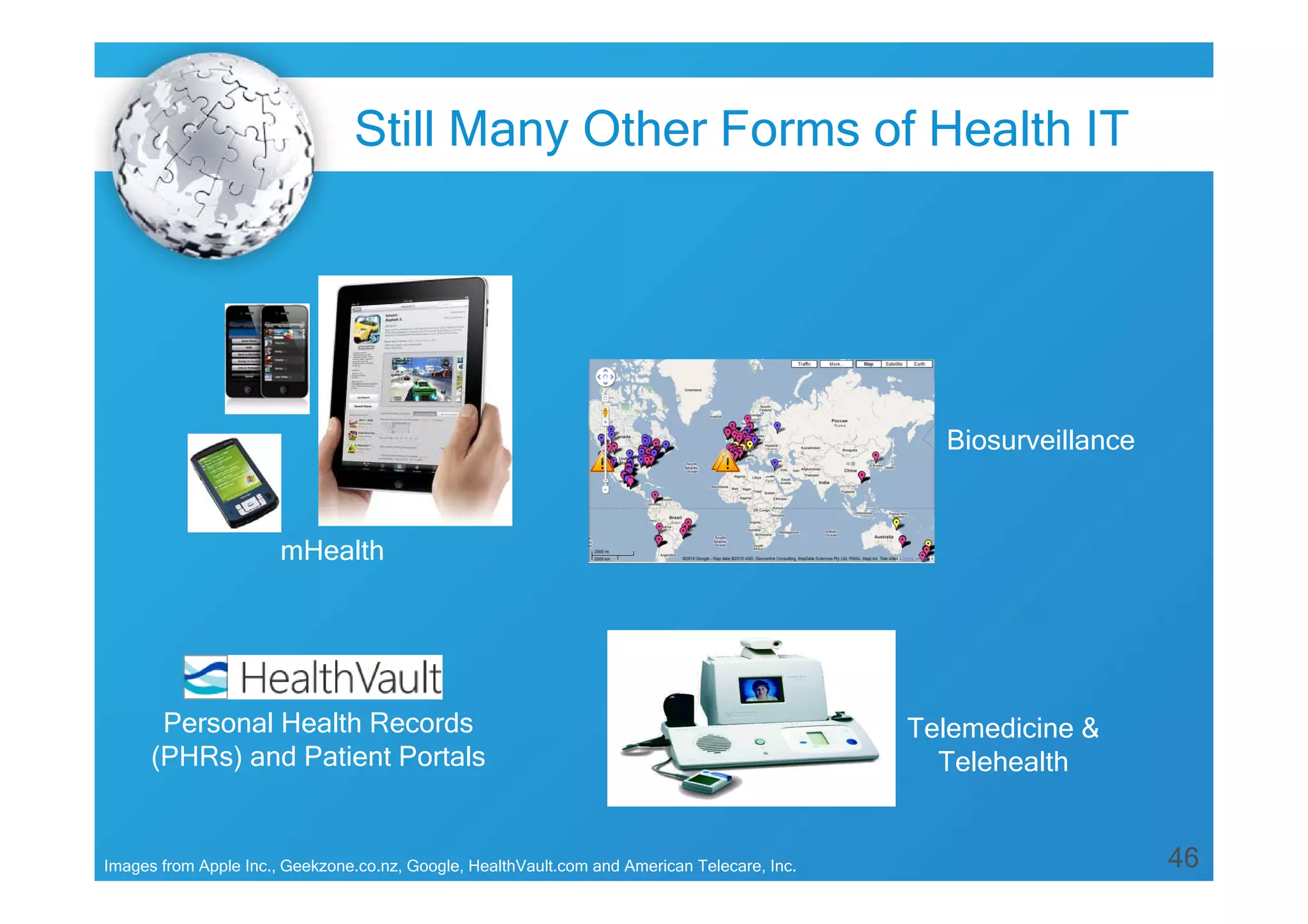 46
mHealth
Biosurveillance
Telemedicine &
Telehealth
Images from Apple Inc., Geekzone.co.nz, Google, HealthVault.com and American Telecare, Inc.
Personal Health Records
(PHRs) and Patient Portals
Still Many Other Forms of Health IT
 