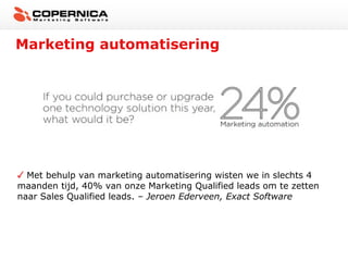 Marketing automatisering

Met behulp van marketing automatisering wisten we in slechts 4
maanden tijd, 40% van onze Marketing Qualified leads om te zetten
naar Sales Qualified leads. – Jeroen Ederveen, Exact Software

 