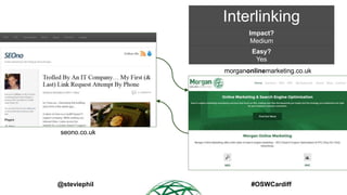 Interlinking
Impact?
Medium
Easy?
Yes

morganonlinemarketing.co.uk

seono.co.uk

@steviephil

#OSWCardiff

 