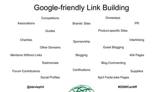 Google-friendly Link Building
Giveaways

Competitions
Brands’ Sites

Associations

Product-specific Sites

Guides
Charitie...