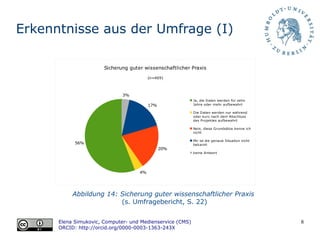 8
Erkenntnisse aus der Umfrage (I)
Abbildung 14: Sicherung guter wissenschaftlicher Praxis
(s. Umfragebericht, S. 22)
Elena Simukovic, Computer- und Medienservice (CMS)
ORCID: http://orcid.org/0000-0003-1363-243X
56%
4%
20%
17%
3%
Sicherung guter wissenschaftlicher Praxis
(n=469)
Ja, die Daten werden für zehn
Jahre oder mehr aufbewahrt
Die Daten werden nur während
oder kurz nach dem Abschluss
des Projektes aufbewahrt
Nein, diese Grundsätze kenne ich
nicht
Mir ist die genaue Situation nicht
bekannt
keine Antwort
 