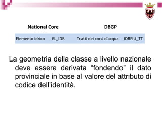 National Core
Elemento idrico

EL_IDR

DBGP
Tratti dei corsi d'acqua

IDRFIU_TT

La geometria della classe a livello nazionale
deve essere derivata “fondendo” il dato
provinciale in base al valore del attributo di
codice dell’identità.

 