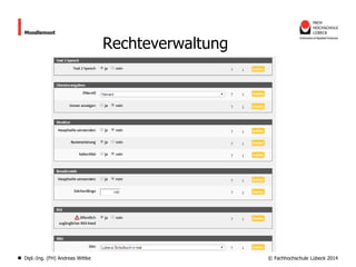 Moodlemoot

Dipl.-Ing. (FH) Andreas Wittke

Rechteverwaltung

© Fachhochschule Lübeck 2014

 