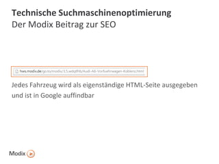 Technische Suchmaschinenoptimierung
Der Modix Beitrag zur SEO

Jedes Fahrzeug wird als eigenständige HTML-Seite ausgegeben
und ist in Google auffindbar

 