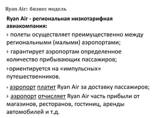 Ryan Air: бизнес модель
Ryan Air - региональная низкотарифная
авиакомпания:
 полеты осуществляет преимущественно между
региональными (малыми) аэропортами;
 гарантирует аэропортам определенное
количество прибывающих пассажиров;
ориентируется на «импульсных»
путешественников.
 аэропорт платит Ryan Air за доставку пассажиров;
 аэропорт отчисляет Ryan Air часть прибыли от
магазинов, ресторанов, гостиниц, аренды
автомобилей и т.д.
 