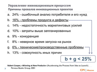 a. 24% - ошибочный анализ потребителя и его нужд
b. 16% - проблемы продукта и дефекты
c. 14% - недостаточность маркетинговых усилий
d. 10% - затраты выше запланированных
e. 9% - конкуренция
f. 8% - неверное время запуска на рынок
g. 6% - технические/производственные проблемы
h. 13% - совокупность иных причин
b + g < 25%
Robert Cooper, «Winning at New Products» (Accelerating the Process from Idea to Launch).
Perseus Books Group, 2001
Управление инновационным процессом
Причины провалов инновационных проектов
CPI | Moscow
 