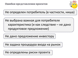 Ошибки представления проектов
Не определен потребитель (в частности, ниша)
Не выбрана важная для потребителя
характеристика (и как следствие – не дано
продуктовое предложение)
Не дано предложение инвестору
Не задана процедура входа на рынок
Не определены риски проекта
 