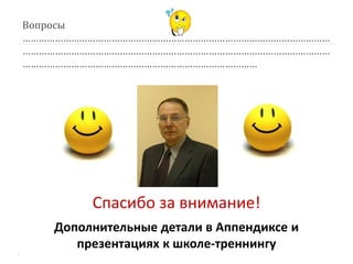 Вопросы
……………………………………………………………………………………………………
……………………………………………………………………………………………………
……………………………………………………………………………
Спасибо за внимание!
Дополнительные детали в Аппендиксе и
презентациях к школе-треннингу
 