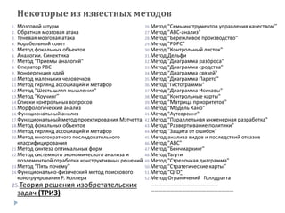 Некоторые из известных методов
1. Мозговой штурм
2. Обратная мозговая атака
3. Теневая мозговая атака
4. Корабельный совет
5. Метод фокальных объектов
6. Аналогии. Синектика
7. Метод "Приемы аналогий"
8. Оператор РВС
9. Конференция идей
10.Метод маленьких человечков
11.Метод гирлянд ассоциаций и метафор
12.Метод "Шесть шляп мышления"
13.Метод "Коучинг”
14.Списки контрольных вопросов
15.Морфологический анализ
16.Функциональный анализ
17.Функциональный метод проектирования Мэтчетта
18.Метод фокальных объектов
19.Метод гирлянд ассоциаций и метафор
20.Метод многократного последовательного
классифицирования
21.Метод синтеза оптимальных форм
22.Метод системного экономического анализа и
поэлементной отработки конструктивных решений
23.Метод "Пять почему”
24.Функционально-физический метод поискового
конструирования Р. Коллера
25.Теория решения изобретательских
задач (ТРИЗ)
26.Метод "Семь инструментов управления качеством”
27.Метод "ABC-анализ"
28.Метод "Бережливое производство"
29.Метод "PDPC"
30.Метод "Контрольный листок"
31.Метод Дельфи
32.Метод "Диаграмма разброса"
33.Метод "Диаграмма сродства"
34.Метод "Диаграмма связей"
35.Метод "Диаграмма Парето"
36.Метод "Гистограммы"
37.Метод "Диаграмма Исикавы"
38.Метод "Контрольные карты"
39.Метод "Матрица приоритетов"
40.Метод "Модель Кано"
41.Метод "Аутсорсинг"
42.Метод "Параллельная инженерная разработка"
43.Метод "Развертывание политики"
44.Метод "Защита от ошибок"
45.Метод анализа видов и последствий отказов
46.Метод "ABC"
47.Метод "Бенчмаркинг"
48.Метод Тагути
49.Метод "Стрелочная диаграмма"
50.Метод "Стратегические карты”
51.Метод “QFD”
52.Метод Ограничений Голлдратта
……………………………………………
………………………………………………………
 