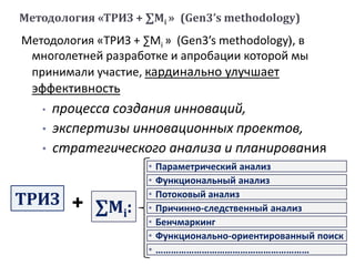 Методология «ТРИЗ + ∑Mi » (Gen3’s methodology)
Методология «ТРИЗ + ∑Mi » (Gen3’s methodology), в
многолетней разработке и апробации которой мы
принимали участие, кардинально улучшает
эффективность
• процесса создания инноваций,
• экспертизы инновационных проектов,
• стратегического анализа и планирования
ТРИЗ + ∑Mi:
• Параметрический анализ
• Функциональный анализ
• Потоковый анализ
• Причинно-следственный анализ
• Бенчмаркинг
• Функционально-ориентированный поиск
• ……………………………………………………
 