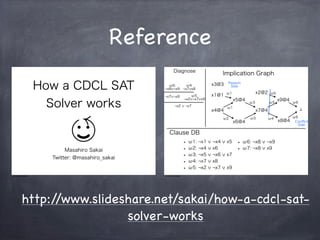 Reference
Diagnose

How a CDCL SAT
Solver works

ω6:
ω4:
¬x8 ¬x9 ¬x7 x8
¬x7 ¬x9
¬x2

ω5:
¬x2 ¬x7 x9
¬x7

Implication Graph...