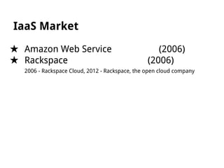 IaaS Market
★ Amazon Web Service
★ Rackspace

(2006)
(2006)

2006 - Rackspace Cloud, 2012 - Rackspace, the open cloud company

 