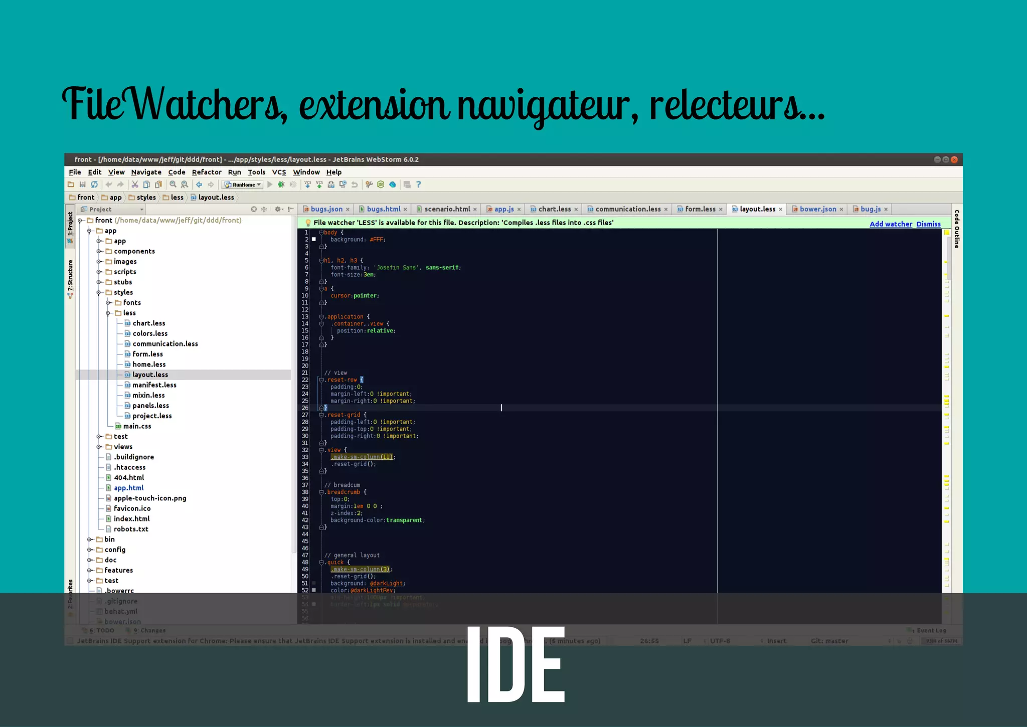 FileWatchers, extension navigateur, relecteurs...

IDE

 