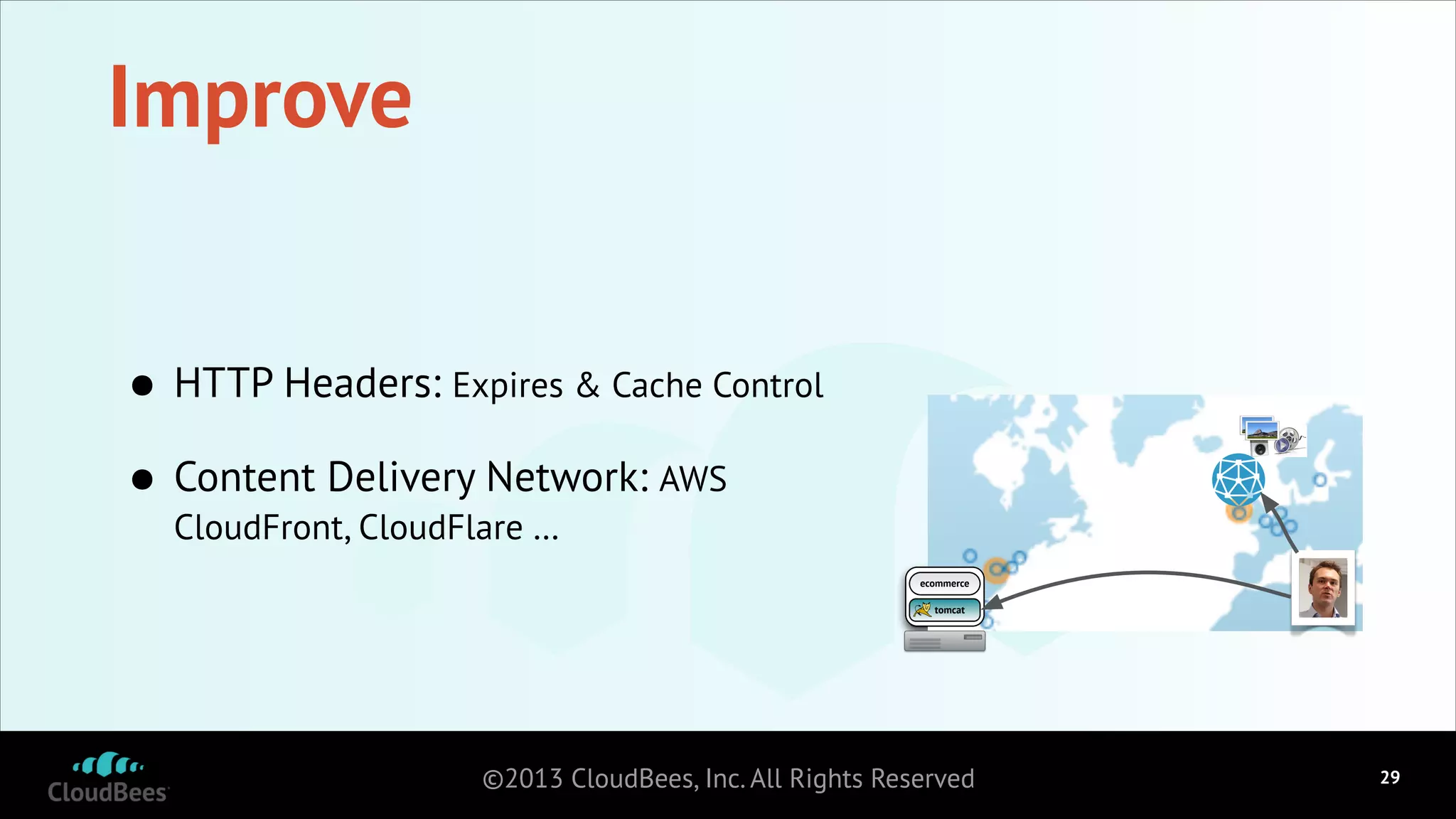 Improve
•
Content Delivery Network: AWS
•

HTTP Headers: Expires & Cache Control
CloudFront, CloudFlare …

ecommerce
tomcat

©2013 CloudBees, Inc. All Rights Reserved

!29

 