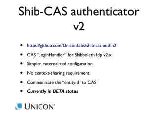 Shib-CAS authenticator
v2
•
•
•
•
•
•

https://github.com/UniconLabs/shib-cas-authn2
CAS “LoginHandler” for Shibboleth Idp v2.x
Simpler, externalized configuration
No context-sharing requirement
Communicate the “entityId” to CAS
Currently in BETA status

 