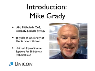 Introduction:
Mike Grady
•

IAM, Shibboleth, CAS,
Internet2 Scalable Privacy

•

36 years at University of
Illinois before Unicon

•

Unicon’s Open Source
Support for Shibboleth
technical lead

 