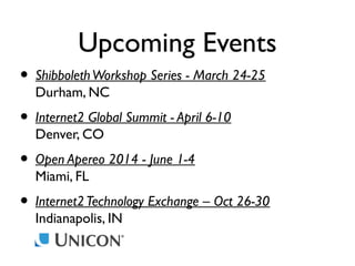 Upcoming Events
• Shibboleth Workshop Series - March 24-25
Durham, NC

• Internet2 Global Summit - April 6-10
Denver, CO

• Open Apereo 2014 - June 1-4
Miami, FL

• Internet2 Technology Exchange – Oct 26-30
Indianapolis, IN

 