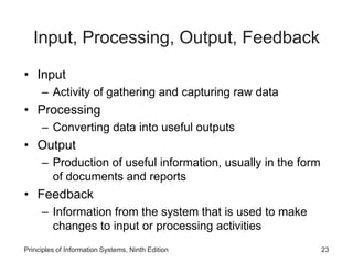 Input, Processing, Output, Feedback
• Input
– Activity of gathering and capturing raw data
• Processing
– Converting data into useful outputs
• Output
– Production of useful information, usually in the form
of documents and reports
• Feedback
– Information from the system that is used to make
changes to input or processing activities
Principles of Information Systems, Ninth Edition 23
 