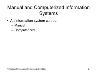 Manual and Computerized Information
Systems
• An information system can be:
– Manual
– Computerized
Principles of Information Systems, Ninth Edition 24
 
