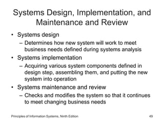Systems Design, Implementation, and
Maintenance and Review
• Systems design
– Determines how new system will work to meet
business needs defined during systems analysis
• Systems implementation
– Acquiring various system components defined in
design step, assembling them, and putting the new
system into operation
• Systems maintenance and review
– Checks and modifies the system so that it continues
to meet changing business needs
Principles of Information Systems, Ninth Edition 49
 