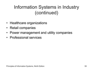 Information Systems in Industry
(continued)
• Healthcare organizations
• Retail companies
• Power management and utility companies
• Professional services
Principles of Information Systems, Ninth Edition 55
 