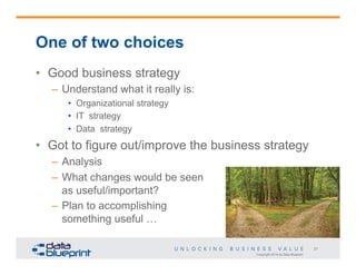 One of two choices
•  Good business strategy
–  Understand what it really is:
•  Organizational strategy
•  IT strategy
•  Data strategy

•  Got to figure out/improve the business strategy
–  Analysis
–  What changes would be seen
as useful/important?
–  Plan to accomplishing
something useful …
21
Copyright 2014 by Data Blueprint

 