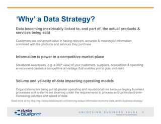 ‘Why’ a Data Strategy?
Data becoming inextricably linked to, and part of, the actual products &
services being sold
Customers see enhanced value in having relevant, accurate & meaningful information
combined with the products and services they purchase

Information is power in a competitive market place
Situational awareness (e.g. a 360º view) of your customers, suppliers, competition & operating
environment creates a competitive advantage that enables you to plan and react

Volume and velocity of data impacting operating models
Organizations are being put at greater operating and reputational risk because legacy business
processes and systems are straining under the requirements to process and understand everincreasing volumes and speed of data
Read more at my blog: http://www.datablueprint.com/winning-todays-information-economy-data-centric-business-strategy/

10
Copyright 2014 by Data Blueprint

 