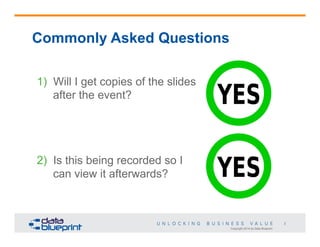 Commonly Asked Questions
1)  Will I get copies of the slides
after the event?

2)  Is this being recorded so I
can view it afterwards?

2
Copyright 2014 by Data Blueprint

 