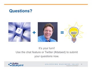 Questions?

+

=

It’s your turn!
Use the chat feature or Twitter (#dataed) to submit
your questions now.
60
Copyright 2014 by Data Blueprint

 