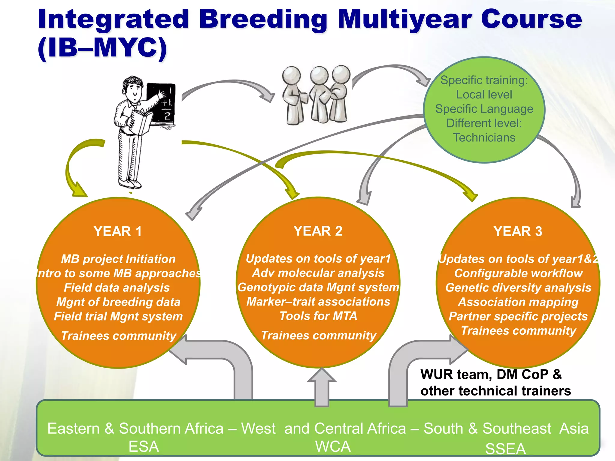 YEAR 1
MB project Initiation
Intro to some MB approaches
Field data analysis
Mgnt of breeding data
Field trial Mgnt system
Trainees community
YEAR 2
Updates on tools of year1
Adv molecular analysis
Genotypic data Mgnt system
Marker–trait associations
Tools for MTA
Trainees community
YEAR 3
Updates on tools of year1&2
Configurable workflow
Genetic diversity analysis
Association mapping
Partner specific projects
Trainees community
Eastern & Southern Africa – West and Central Africa – South & Southeast Asia
WUR team, DM CoP &
other technical trainers
Specific training:
Local level
Specific Language
Different level:
Technicians
Integrated Breeding Multiyear Course
(IB–MYC)
ESA WCA SSEA
 
