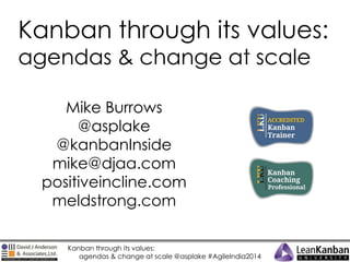 Kanban through its values:
agendas & change at scale
Mike Burrows
@asplake
@kanbanInside
mike@djaa.com
positiveincline.com
meldstrong.com
Kanban through its values:
agendas & change at scale @asplake #AgileIndia2014

 
