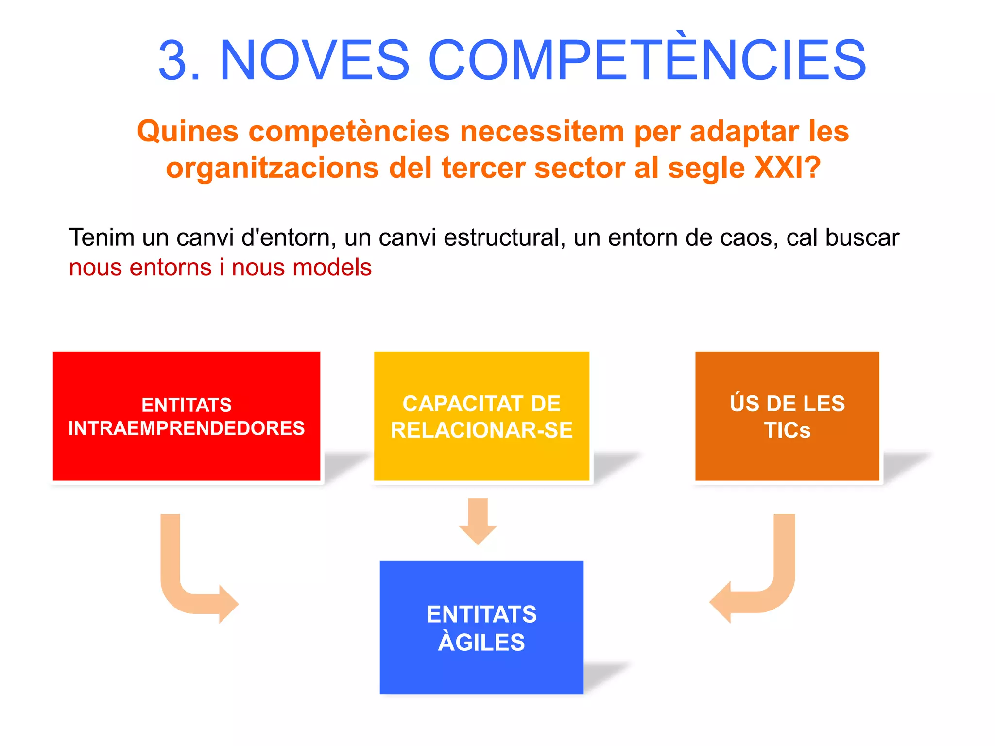 3. NOVES COMPETÈNCIES
Quines competències necessitem per adaptar les
organitzacions del tercer sector al segle XXI?
Tenim un canvi d'entorn, un canvi estructural, un entorn de caos, cal buscar
nous entorns i nous models

ENTITATS
INTRAEMPRENDEDORES

CAPACITAT DE
RELACIONAR-SE

ENTITATS
ÀGILES

ÚS DE LES
TICs

 