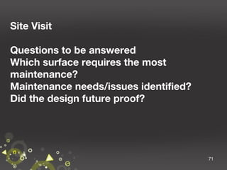 Site Visit
Questions to be answered
Which surface requires the most
maintenance?
Maintenance needs/issues identified?
Did the design future proof?

71

 