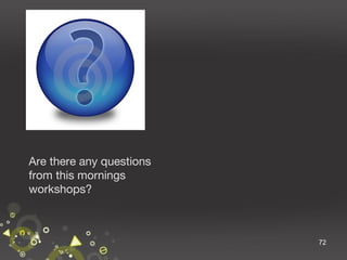 Are there any questions
from this mornings
workshops?

72

 