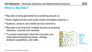 IBM Research – Business Solutions and Mathematical Sciences

What is Big Data?
 Big data is being generated by everything around us.
 Every digital process and social media exchange produces it.
 Systems, sensors and mobile devices transmit it.
 Big data is arriving from multiple sources at amazing
velocities, volumes and varieties.
 To extract meaningful value from big data, you
need optimal processing power, storage,
analytics capabilities, and skills.

© 2014 International Business Machines Corporation

2

 