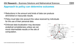 IBM Research – Business Solutions and Mathematical Sciences

Approach to policy can determine outcomes
 Reductions in the amount and kinds of data can produce
diminished or inaccurate results.
 Policy must take into account the value received by individuals
for the use of their personal data.
 Enforced data localization may decrease
analytical completeness unless we can
move intermediate results or the site of
computation.

© 2014 International Business Machines Corporation

5

 