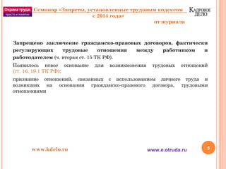 Запрещено заключение гражданско-правовых договоров, фактически
регулирующих трудовые отношения между работником и
работодателем (ч. вторая ст. 15 ТК РФ).
Появилось новое основание для возникновения трудовых отношений
(ст. 16, 19.1 ТК РФ):
признание отношений, связанных с использованием личного труда и
возникших на основании гражданско-правового договора, трудовыми
отношениями
5www.kdelo.ru
Семинар «Запреты, установленные трудовым кодексом
с 2014 года»
от журнала
www.e.otruda.ru
 